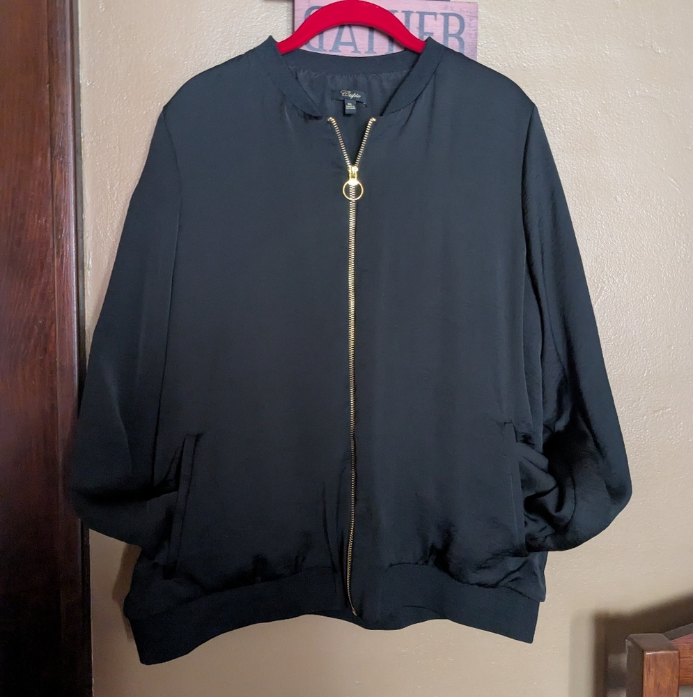 Black Faux Satin Zip Up Jacket With Gold Hardware Women's XL